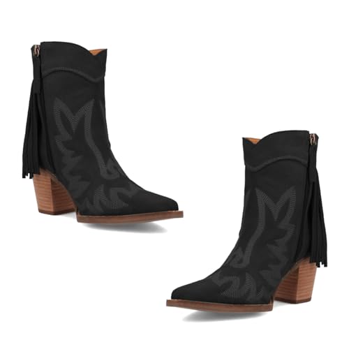 Women Tassel Western Booties Chunky Block Heel Suede Cowboy Ankle Boots Fringe Zipper Pointed Closed Toe Booties Stacked Heel Short Boots Cowgirl Embroidered Retro Vintage 4-11 M US