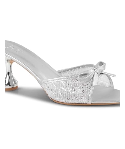 Image of JM LOOKS Women's Kitten Mules Heels Glitter Sparkle Heel with Bow Open Pointed Toe Stiletto Low Heels Party Dress Slip On Backless Sandals
