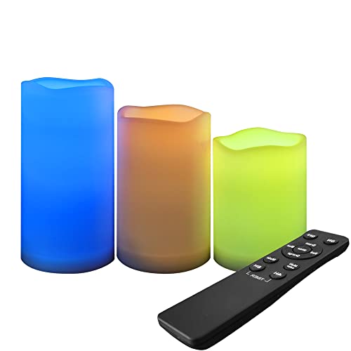 Image of CANDLE CHOICE Waterproof Outdoor Color Changing Flameless Candles Remote Timer Realistic Flickering Battery Operated Fake Electric LED White Plastic Pillars for Wedding Christmas Decoration 3 Pack