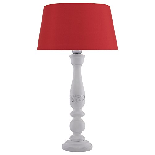 Image of Homesake Handcrafted Wooden Table Lamp for Bedroom & Living Room | Decorative Bedside Reading Lamp with Fabric Shade, E27 Holder | Bulb Included | White Floral Carved Base for Home Decor, Red
