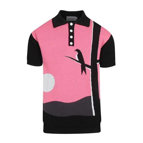 Men's Retro Black and Pink Knitted Poloshirt, Vintage Animal Patten Polo Cotton Short Sleeve with Quarter Button