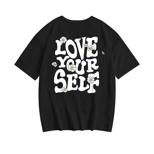 Image of Cute Shirts for Girls Graphic Tees Tweens Tshirts for Kids Girls Short Sleeve Shirt Preppy Summer Tops Clothes(Black,130)