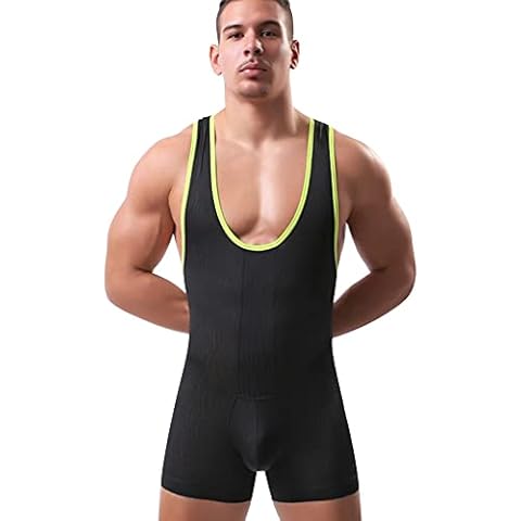 IBAKOM Men's Suspender Wrestling Singlet Y-Back Sleeveless Athletic Supporter Modified One Piece Boxer Shorts Sport Leotard Jumpsuit Black XL Cover