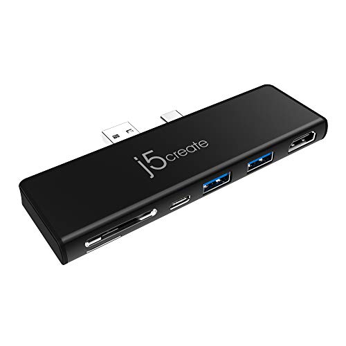 Image of j5create Surface Pro 7 Ultradrive Mini Dock, 6-in-2, 4K60 HDMI, 10Gbps USB-A x 2, 10 Gbps USB-C with PD 60W Pass-Through Charging, SD /microSD Card Reader (JCD324B)