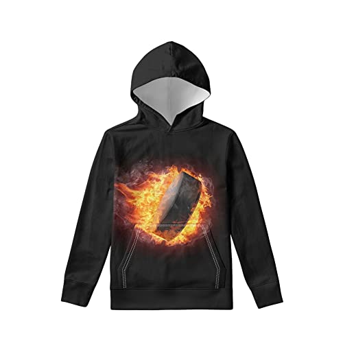 Dremagia Unisex Kids Sweatshirt Boys Girls Hooded Pullover Hoodies With Pockets Burning Fire Ice Hockey Pattern #TOP7