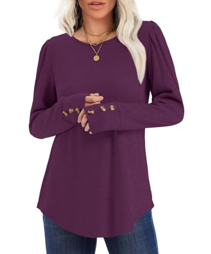 OFEEFAN Long Sleeve Shirts for Women Blouses Dressy Casual Womens Sweaters Puff Sleeve Fashion Clothing Tops with Buttons3