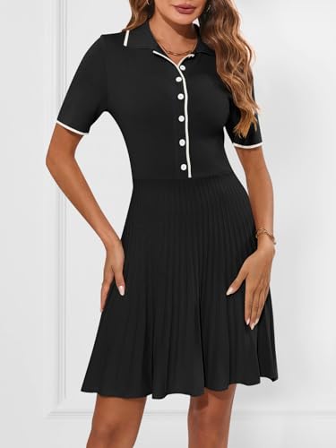 MEROKEETY Women's Summer Ribbed Knit Midi Dresses Short Sleeve V Neck Button A Line Swing Sweater Dress2