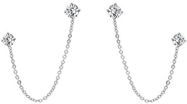 4 Prong CZ Round Stud With Chain Cuff S925 Sterling Silver Earrings for Women Girls Cartilage Double Piercing Holes Fashion Chic Minimalist Climber Crawler Threader Hypoallergenic Gifts (silver)