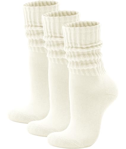 Acomono Scrunch Crew Socks 3 Pack Retro Slouchy Cotton Calf Socks for Men & Women Cushioned Solid Stacked Boot & Sneaker (US Numeric 5 10 Regular Regular 3 Pack Beige)