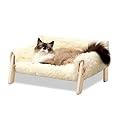 MEWOOFUN Large Cat Bed Sturdy Wooden Leg Raised Cat Sofa Bed Kitten Bed for Indoor Cats - Soft Cat Couch with Removable Cover Hold up 15kg, 56x45cm White