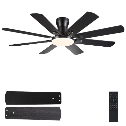 Image of JSAITEE Ceiling Fans with Lights, 52 Inch Low Profile Ceiling Fan | Ceiling Fan with Light Flush Mount, DC Reversible Motor, Noiseless, Black 6 Speeds Ceiling Fan for Bedroom