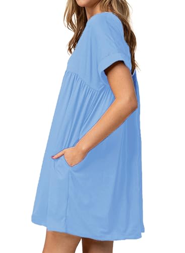 Image of Jayscreate Women's Baby Doll Dress Summer Casual Tunic Pleated Flowy Swing Short Sleeve Black V Neck Mini Dress