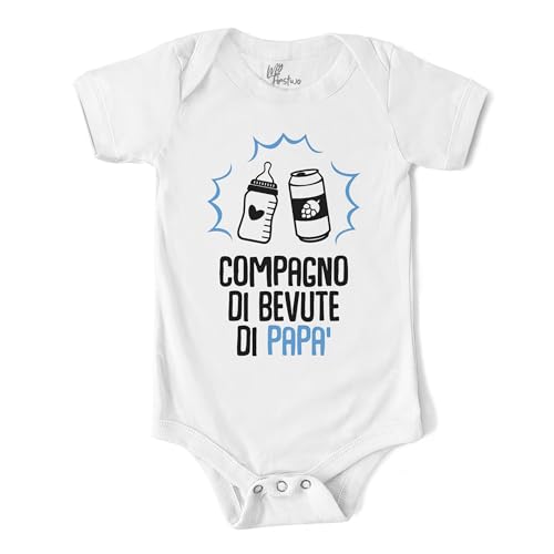 MyFirstwo Body Neonato Manica Corta Divertenti - Compagno di Bevute di Papà – Tutina Bimbo 100% Cotone Morbido e Traspirante con Girocollo Espandibile – Simpatica Idea Regalo Baby Shower 6-12 mesi