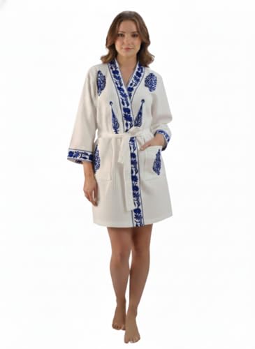Hand Block Print Cotton Waffle Fabric Short Bathrobe For Women's Ultra-Soft & Lightweight After Bath Spa Bathrobe Dress Women Bath Robe Dress | Highly Absorbent Blue Printed