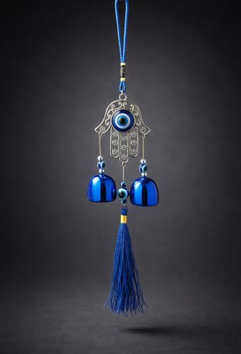 Image of Decorative Wind Chime for Home | Wooden House with Bells Colourful Beads | Positive Energy Balcony Living Room Hall Garden Home Decor (Hand Evil Eye)