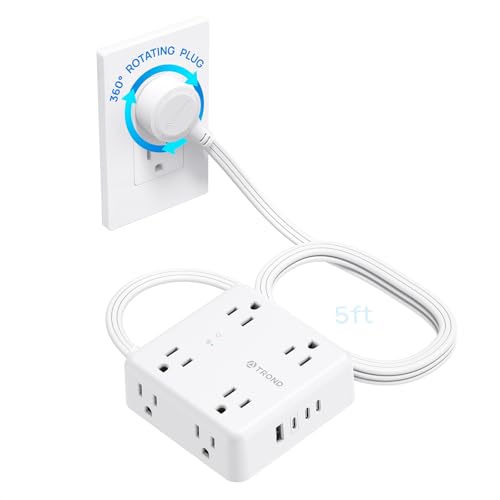 Image of TROND Power Strip, 360 Rotating Flat Plug, 8 Widely Spaced Outlets, 3C1U, Flat Plug Extension Cord 5ft, 1440J Surge Protector for Home Office, White