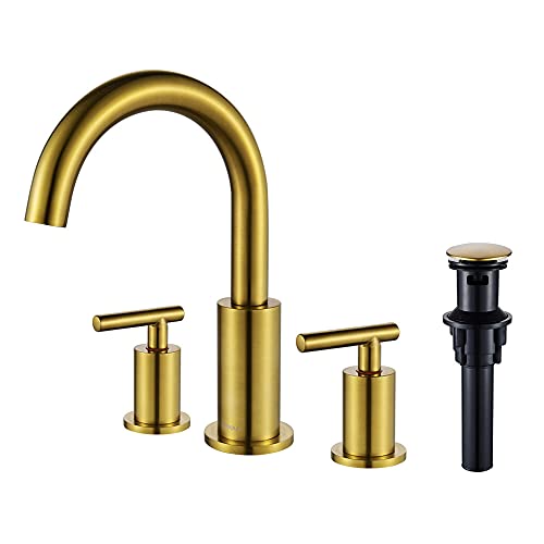 FORIOUS 2 Handle Gold Bathroom Faucet 8inch Bathroom Sink Faucet with Pop Up Drain, 3 Hole Widespread Brushed Brass Bathroom faucets, Brushed Gold