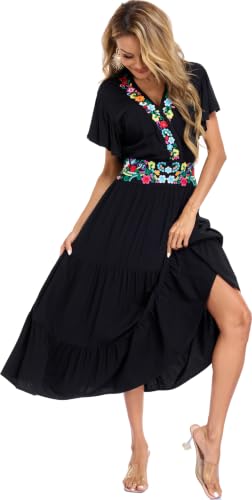 Image of Women's Summer Maxi Dress Casual Floral Embroidered Round Neck Short Sleeve Ruffle Tiered Dress Flowy Boho Beach Sundress