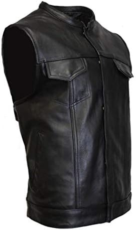 IKLeather SOA Bikers Mens Naked Buffalo Leather Club Style Vest Concealed Gun Pockets Single Panel Back (4XL)