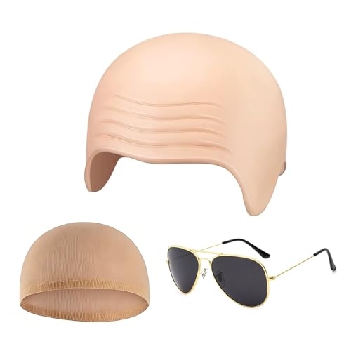 SNXCEUG Erwachsenen Glatzenkappe Set 3-teilig Glatzkopf Kappe mit Haarnetz und Sonnenbrille Realistische Latex Glatze für Halloween Party Kostümzubehör