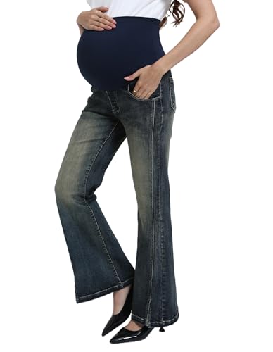 Image of Yornobly Women's Maternity Flare Jeans High-Waist Stretchy Over Belly Bootcut Denim Pregnancy Pants with Patch Pockets