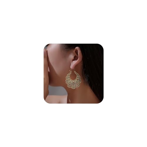 Yienate Boho Filigrana Grande Gota Festoneada Pendientes Vintage Tribal Étnico Hueco Tallado Pendientes De Oro Gitana Declaración Floral Pendientes De Baile De La Joyería Para Las Mujeres Y Las Niñas