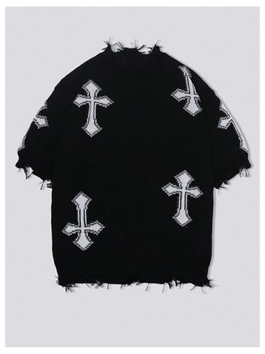 Men's Goth Punk Ripped Sweater Short Sleeve Crew Neck Cross Graphic Knit Tops2