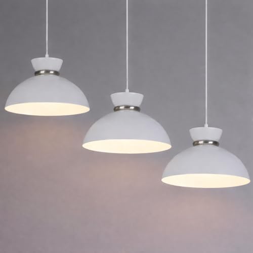 Image of MONI Modern White Metal Pendant Ceiling Light for Living Room, Dining Area, Kitchen Island | Dome Hanging Lamp Shade | E27 Holder | Contemporary Indoor Lighting Fixture (Pack of 3)