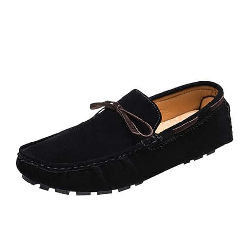 Men's Suede Handmade Moccasin Loafers Retro Round Toe Bow Slip On Comfortable Driving Shoes Fashionable Solid Color Non-Slip Walking Shoes