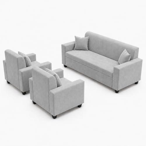 Image of FURNY QualityWood 3 Seater + 1 Seater + 1 Seater Fabric Sofa Set (Light Grey) with Velvet Finish | Durable Comfort | Ideal for Living Room