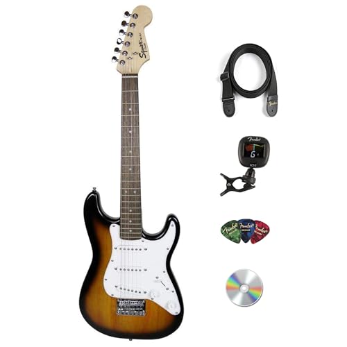 Fender Squier 3/4 Size Kids Mini Strat Electric Guitar Learn-to-Play Bundle with Tuner, Strap, Picks, Fender Play Online Lessons, and Austin Bazaar Instructional DVD - Brown Sunburst