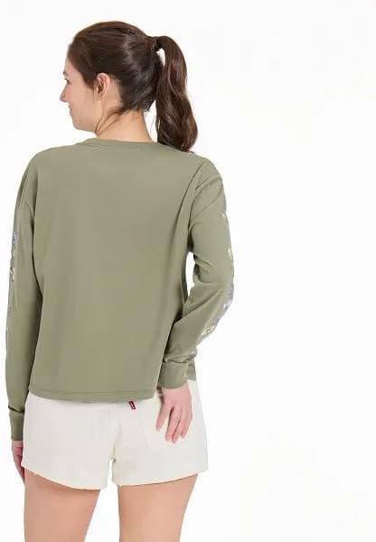 Life is Good. Women's Wildflowers and Bees Long Sleeve Crusher Boxy Tee, Moss Green