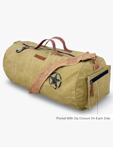 Image of The House of Tara Canvas Travel Duffle Bag | 25 litres | Sports Duffel | Gym Bags | for Men and Women | Adjustable Broad Strap | Airline Carry-On Luggage | Quick Access Pockets | Beige