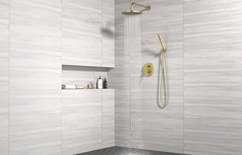 Image of Lava Odoro Modern 2-Setting Round Rain Shower System, Gold Rainfall Shower Faucet Set Rain Shower Head and Handle Set, Shower Valve Trim Kit, 10 Inch, Brushed Gold, SF104-SG