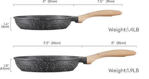 Image of Non-Stick Frying Pan with Wooden Finish Soft Touch Handle, 2.5mm Thickness, Consumes Less Oil, Even Heat Distribution, Induction Bottom and Gas Ready (Black, 20cm+24cm)