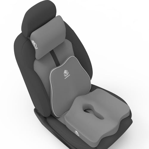 Image of MRRON Memory Foam Posture Corrector Car Seat Cushions Combo | Orthopedic Backrest, Coccyx Cushion & Neckrest | Ergonomic Lumbar Comfort Seat Cushion | Reduces Sciatica, (Grey, Slim backrest)