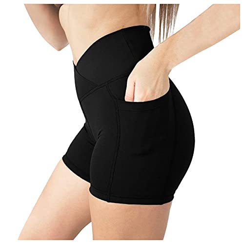 Pantalones cortos de yoga de algodón con bolsillos, leggings de yoga para mujer, pantalones cortos de yoga para mujer, Negro, S