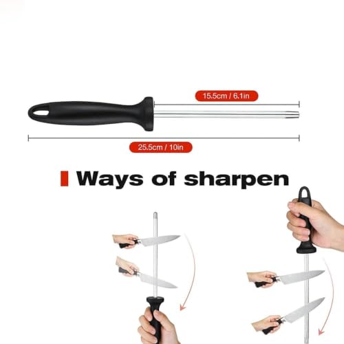 Image of Diamond Honing Steel Knife Sharpening Rod - Professional 6-Inch Manual Kitchen Knife & Scissors Sharpener with Carbide Multi-Sharpener - Ideal for All Knife Types (Pack of 1)