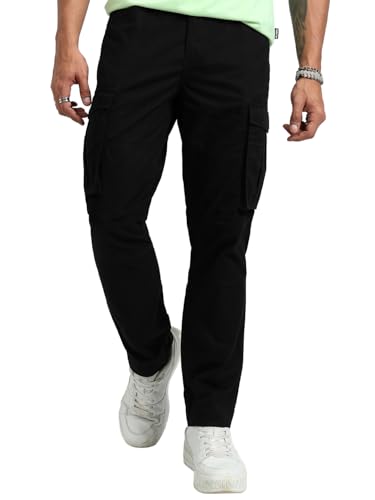 Image of Highlander Men's High-Rise Straight-Fit Cargo Trousers | Utility Pockets | Fashion & Function Blend | Carpenter Fit | Men Trousers | Trousers for Man |Cargo Pants for Men