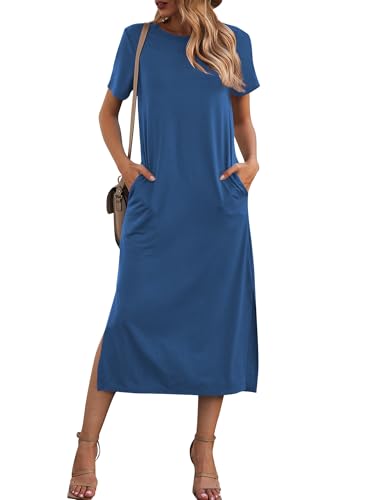 Image of Naggoo Summer Dresses for Women Short Sleeve Side Slit Long T Shirt Dress Beach Sundress Travel Vacation Outfits with Pockets