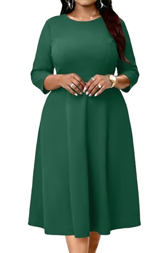 Image of Runwind Women's Plus Size Midi Dress Classy High Waist Wedding Guest Dress Casual Crew Neck 3 /4 Sleeve A-Line Swing Dresses