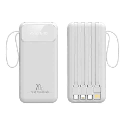 Batería externa portátil de 20000 mAh, ultradelgada, con cable integrado, desmontable, 4 cables, pantalla de visualización de alimentación, cargadores de salida multipuertos (20000 mAh/blanco)