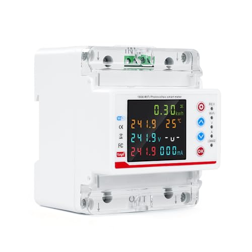 Contatore di energia WiFi intelligente, guide DIN, contatori di energia, 2P 100A Tuya WiFi Smart bidirezionale misuratore di potenza fuoriuscita sotto protezione di tensione per casa, appartamento