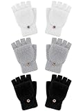 Geyoga 3 Pairs Kids Fingerless Gloves Winter Flip Gloves Warm Convertible Mitten for Girls Teenager Half Fingerless Mittens(Black, White, Grey,5-10 Years)