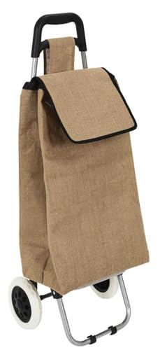 HowHomely Carro de la compra plegable con bolsa de transporte para mercado, compras, sostenible - Beige - Yute - Rígido - Acero aleado - Plástico - 30 cm x 36 cm x 95 cm