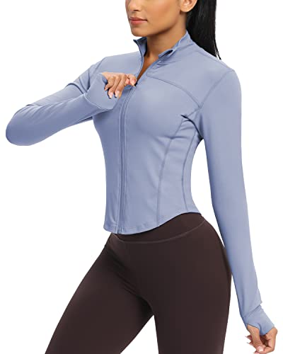 QUEENIEKE Workout Running Jackets for Women Zip Up Athletic Yoga Cropped Tops with Thumb Holes