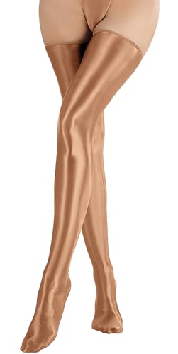 FEOYA Shiny Thigh High Socks for Women Oil Glossy Sexy Sheer Ultra Shimmery Stockings Metallic Smooth Over Knee High Tights
