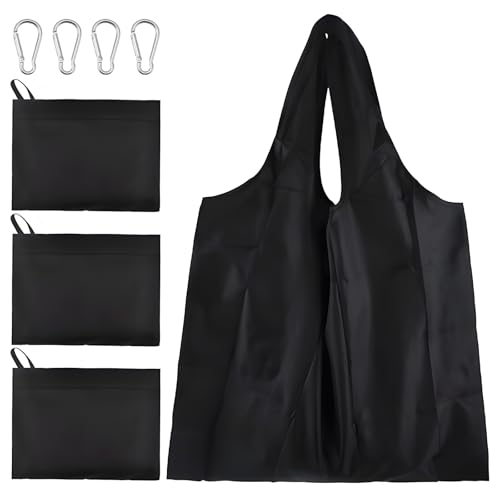 4 Pack Large Reusable Shopping Bag, Foldable Eco Friendly Grocery Bags with 4 Carabiners, Washable Tote Nylon Bag Lightweight Groceries Pouch for Daily Use Travel Shopping Loading Camping (Black)