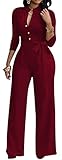 Women's Sexy V Neck Jumpsuit Elegant 3/4 Sleeve High Waisted Long Wide Leg Pants Button Down Clubwear Rompers with Belt