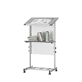 Podium Stand,Portable Lectern with 7 Adjustable Height Positions,Podium with Shelf and Cup Holder,Mobile Stand for Seminars and Schools (Silver Gray)